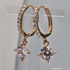 Gold Tone Hoop Drop Earrings White Crystal Dangle Square Fashion NWOT